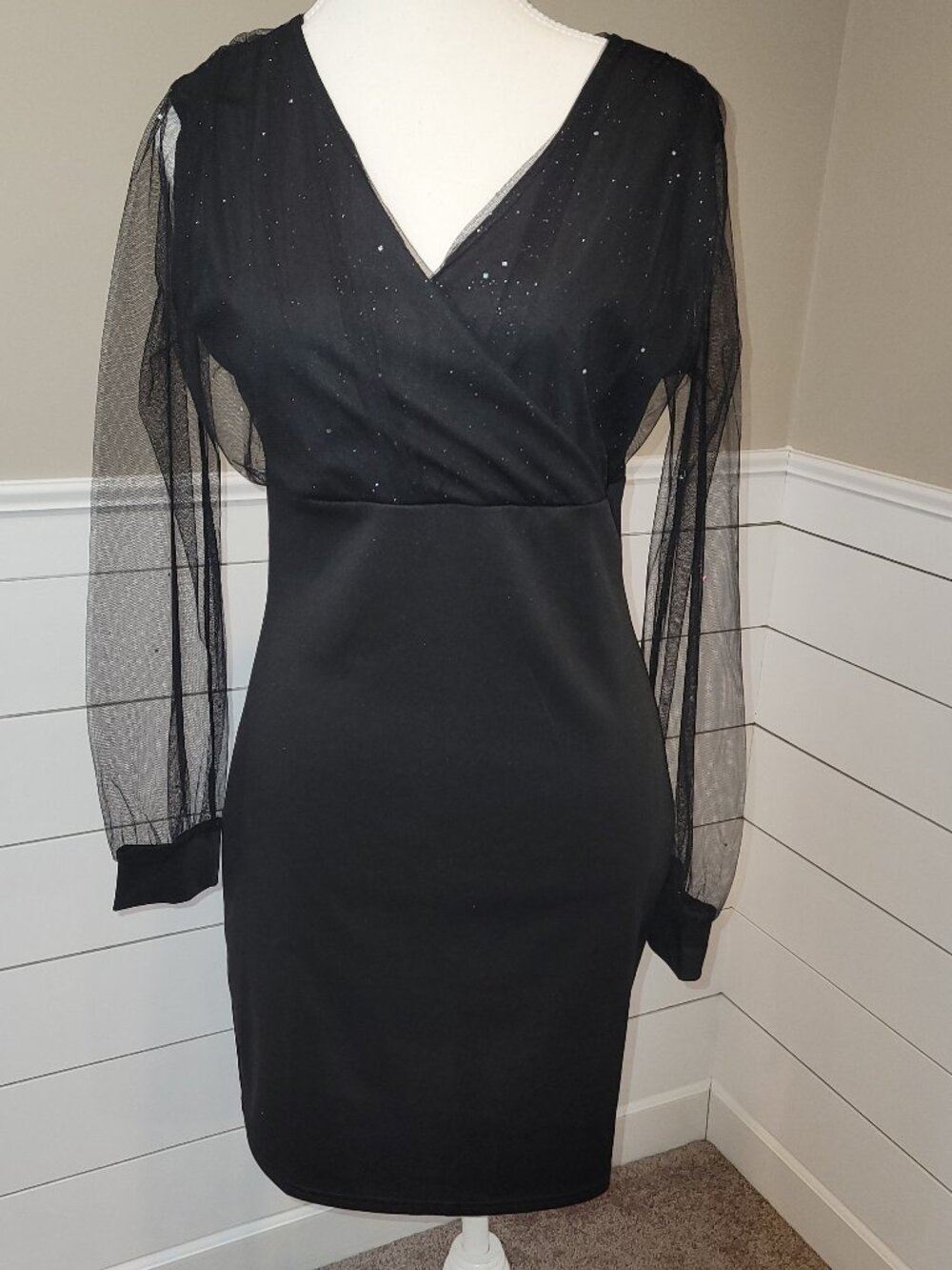Black Glitter Cocktail/Party Dress with Sheer long Sleeves-Size M